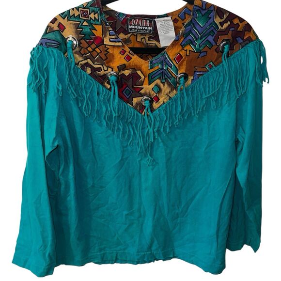 OZARK MOUNTAIN Western Shirt Womens L Aztec Cotton Rodeo Western Fringe Vintage - Picture 1 of 7
